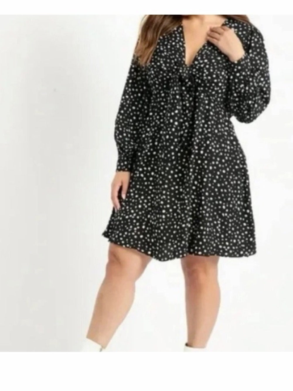 Eloquii Elements Polka Dot Front Tie Long Sleeve Dress